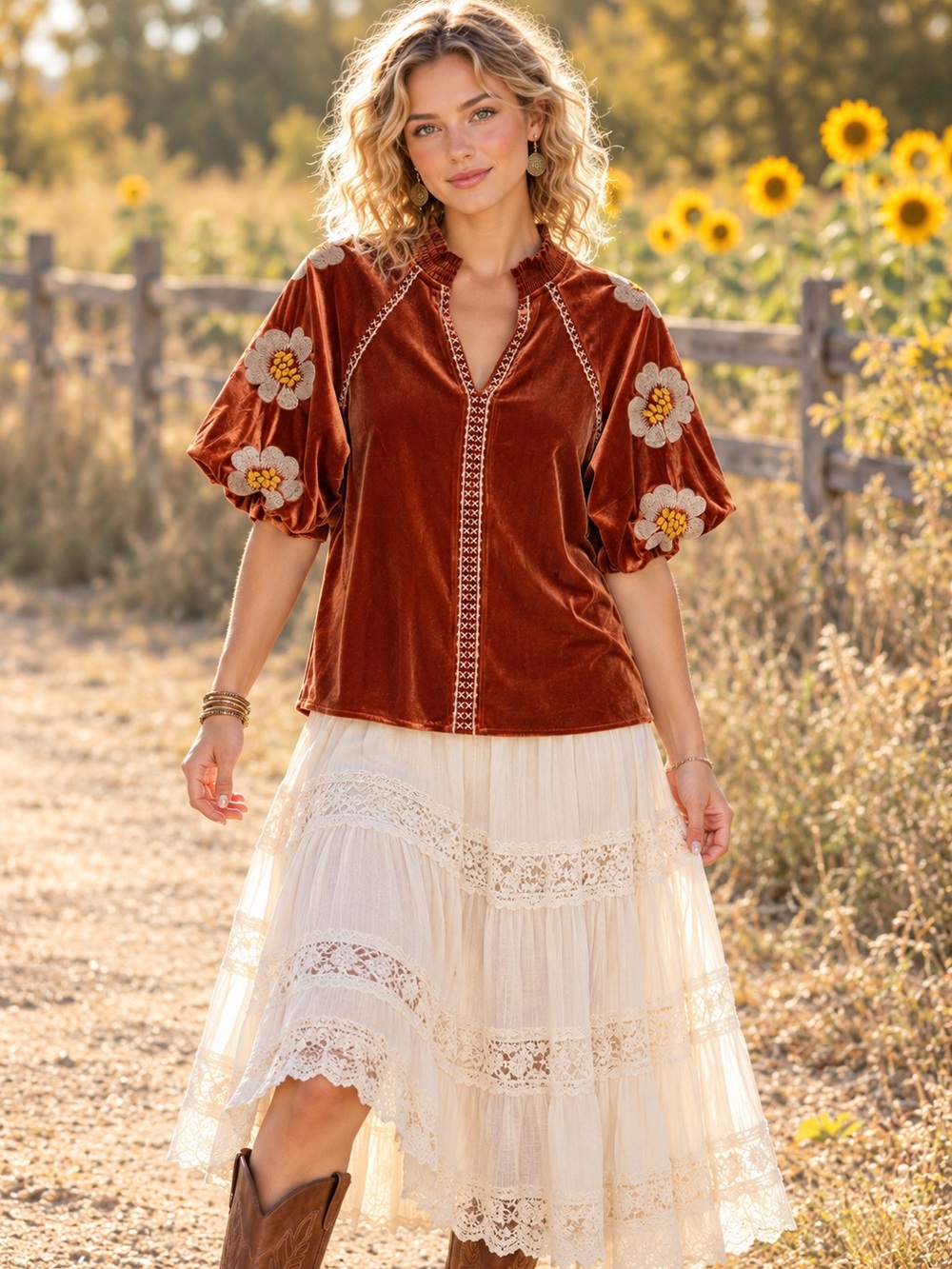 THML Rust Velvet Floral Embroidered Puff Sleeve Boho Blouse Size S